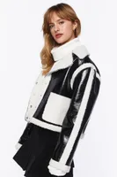 Women's Faux Shearling-Trim Button-Front Jacket in Black/White Large