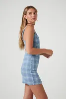 Women's Plaid Cami Mini Dress in Light Denim, XL