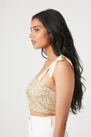 Women's Sequin Tie-Strap Crop Top in Champagne, XL