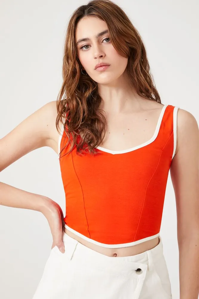 Women's Ringer Crop Top in Fiery Red/Cream Large