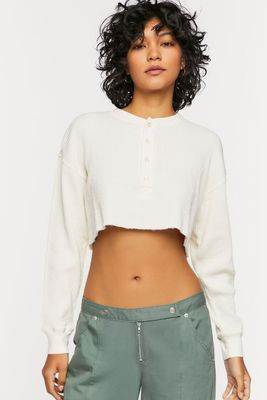 Women's Raw-Cut Thermal Crop Top in Cream, XL