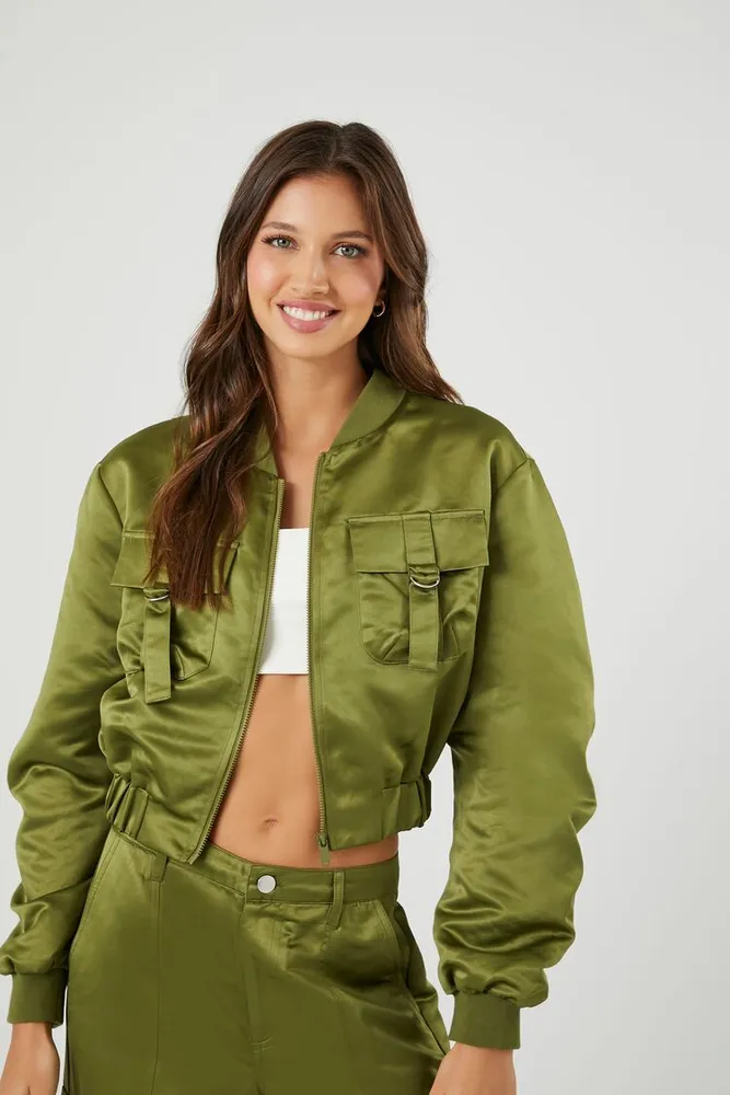 Women's Ruched Satin Cropped Bomber Jacket in Dark Olive Small