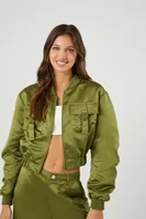 Women's Ruched Satin Cropped Bomber Jacket in Dark Olive Small