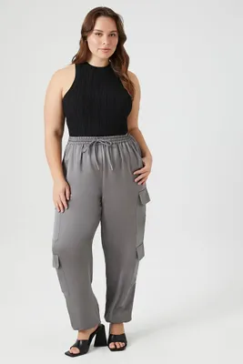 Women's Satin Cargo Ankle Pants in Dark Grey, 3X