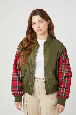 Women's Plaid Combo Bomber Jacket in Olive Small