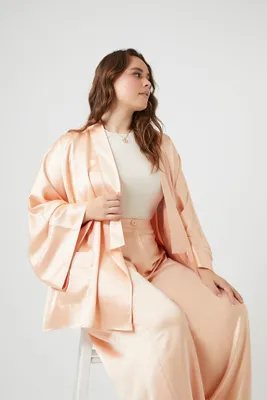 Women's Satin Open-Front Kimono in Peach, 3X