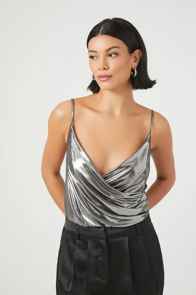 Women's Metallic Surplice Bodysuit in Silver Small