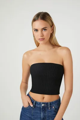 Women's Sweater-Knit Cropped Tube Top in Black Medium