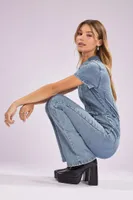 Women's Zip-Up Denim Short-Sleeve Jumpsuit in Light Denim, XL