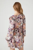 Women's Chiffon Floral Flounce Mini Dress in Mocha/Lavender Large