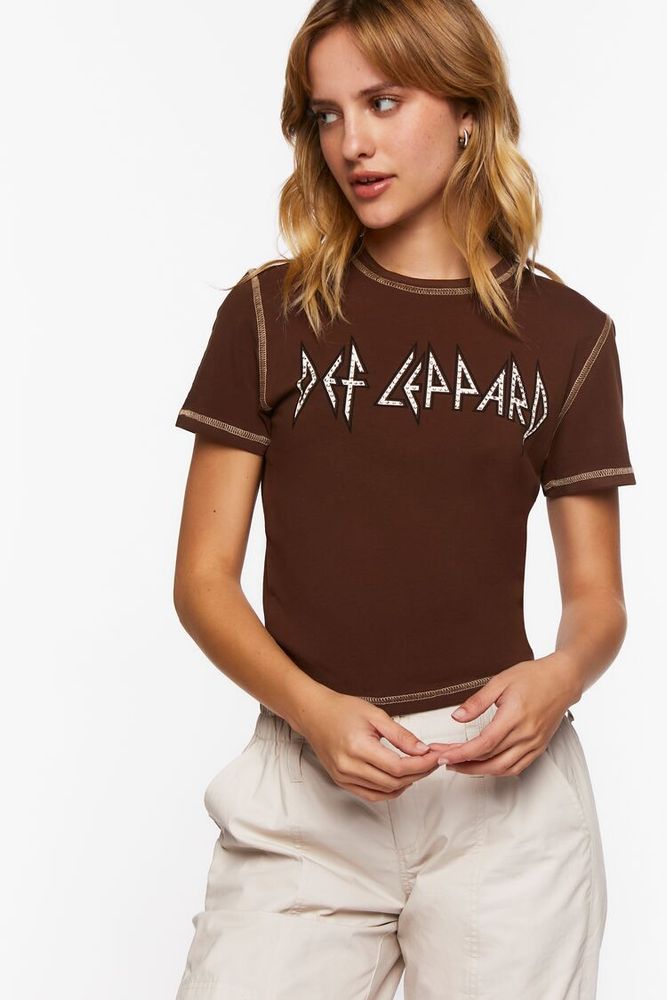 Women's Def Leppard Studded Graphic Baby T-Shirt in Brown Medium