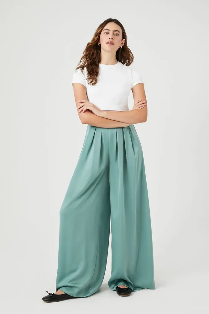 Forever 21 Women's Pleated Satin Palazzo Pants in Seafoam Large