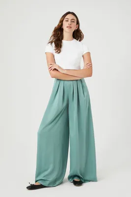 Women's Pleated Satin Palazzo Pants in Seafoam Small