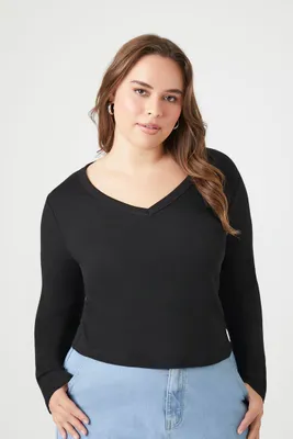 Women's Long-Sleeve V-Neck Top in Black, 2X