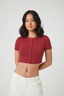 Women's Button-Front Crop Top in Burgundy Large