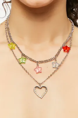 Women's Star & Heart Charm Necklace Set in Pink/Silver