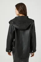 Women's Faux Leather Hooded Jacket in Black Medium