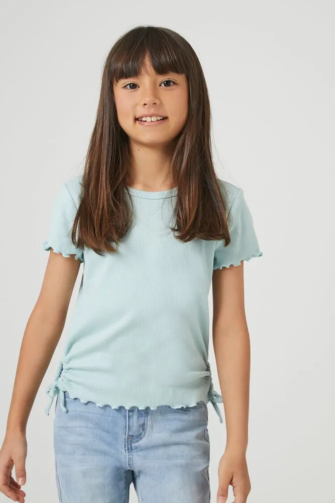 Girls Ribbed Knit Drawstring Top (Kids) in Blue Mist, 11/12