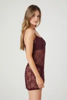 Women's Sheer Lace Lingerie Slip Dress in Wine Small