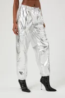 Women's Metallic Cargo Joggers in Silver Large