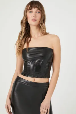 Women's Faux Leather Cropped Tube Top in Black, XXL