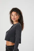 Women's Waffle Knit Cropped Henley Top in Black Small