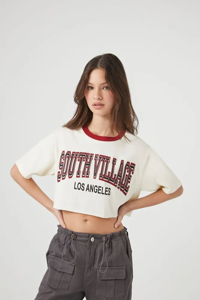 Women's South Village Graphic Cropped T-Shirt in Cream Medium