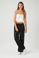 Women's Poplin Contrast-Seam Cargo Pants in Black/White Medium