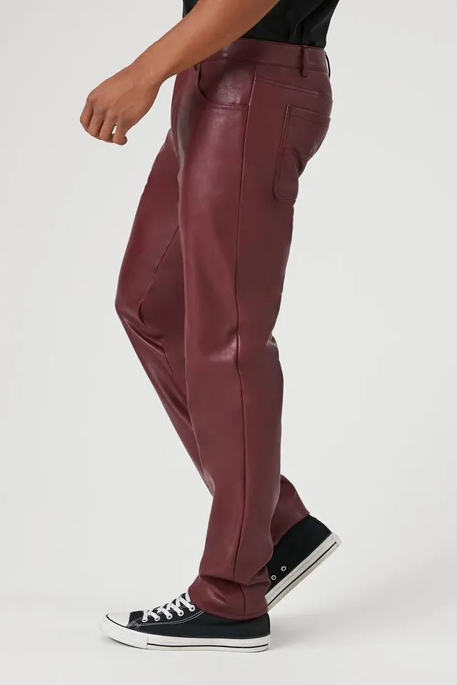 Forever 21 Men Faux Leather Slim-Fit Pants in Burgundy, 32