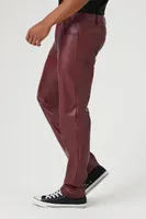 Men Faux Leather Slim-Fit Pants in Burgundy, 32