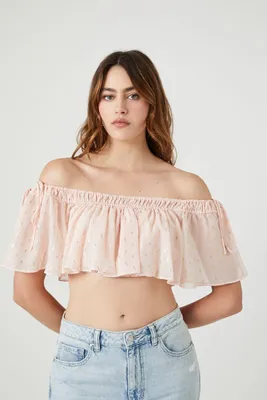 Women's Off-the-Shoulder Polka Dot Crop Top in Nude Pink, XL