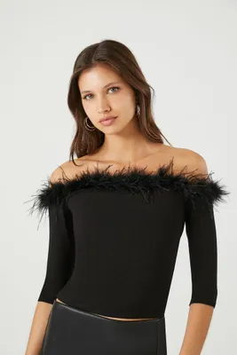 Women's Feather Off-the-Shoulder Top in Black Small