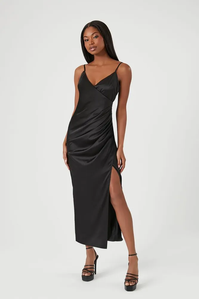 Women's Satin Midi Slip Dress in Black Medium