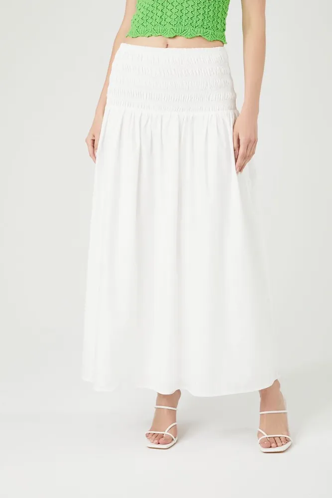 Women's Smocked Poplin Midi Skirt in White, XL