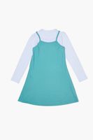 Girls Long-Sleeve Combo Dress (Kids) in Teal/White, 13/14