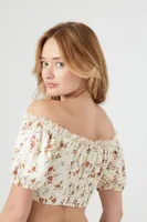 Women's Satin Floral Print Crop Top in Cream Small