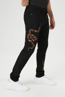 Men Embroidered Snake Slim-Fit Jeans in Black, 32