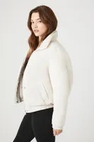 Women's Funnel Neck Puffer Jacket in Oatmeal Large