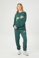 Women's Fleece New York Graphic Pullover in Green Small