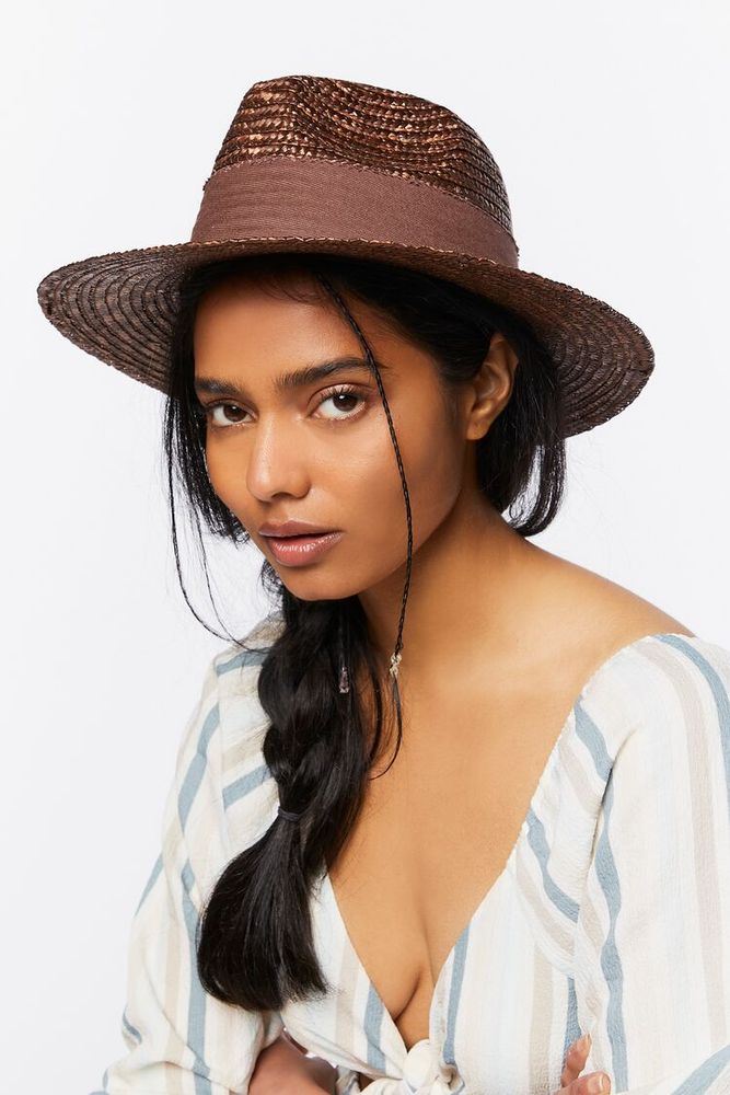 Ribbon-Trim Straw Fedora in Dark Brown, S/M