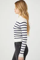 Women's Striped Mock Neck Sweater in White/Navy, XL