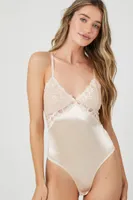 Women's Satin & Lace Lingerie Bodysuit in Champagne Small