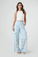 Women's Floral Eyelet Cargo Pants in Light Blue, XL