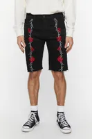 Men Embroidered Wire & Roses Denim Shorts in Black, 31