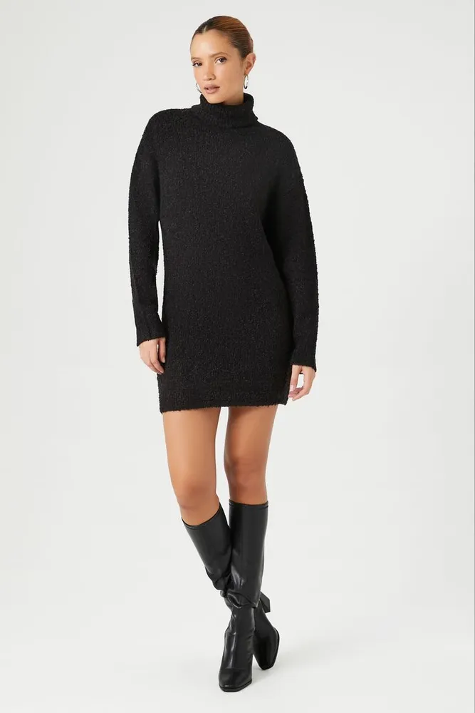 Women's Turtleneck Mini Sweater Dress in Black, XL