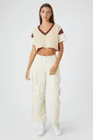 Women's Striped Cropped T-Shirt in Cream/Brown Small