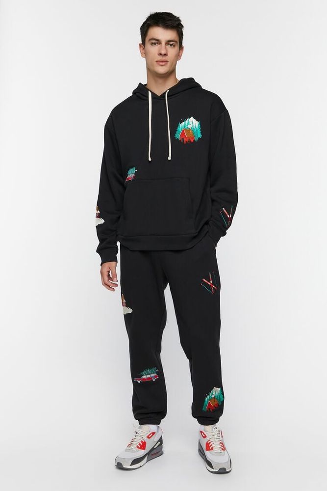 Men Embroidered Cabin Fleece Joggers in Black Large