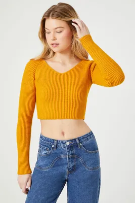 Women's Cropped Rib-Knit Sweater in Mustard Medium