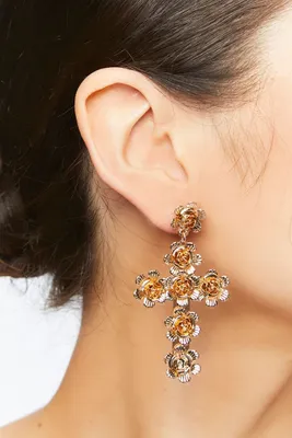 Women's Floral Cross Drop Earrings in Gold