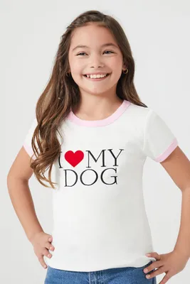 Girls I Heart My Dog Ringer T-Shirt (Kids) in Cream, 11/12